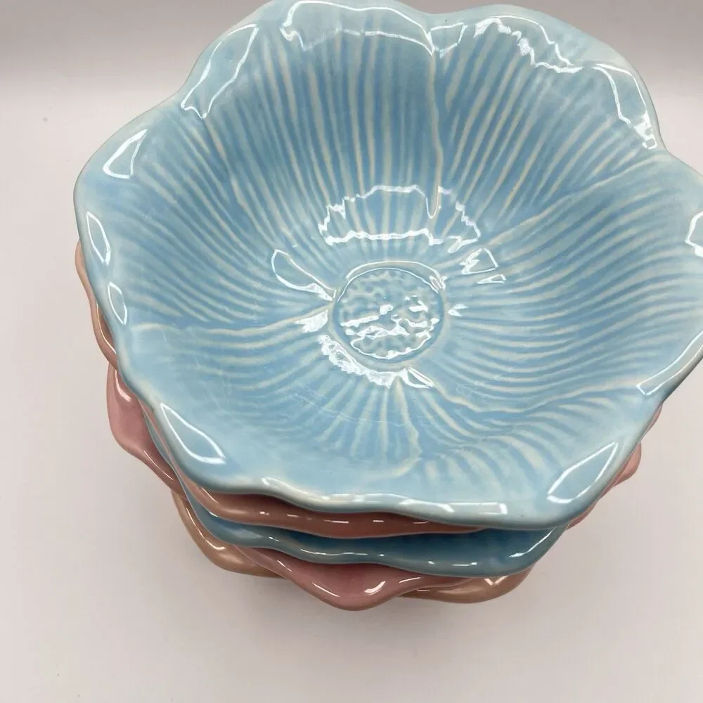 Blue And Pink Ceramic Flower Bowl 7.25” Serving Set Of 5